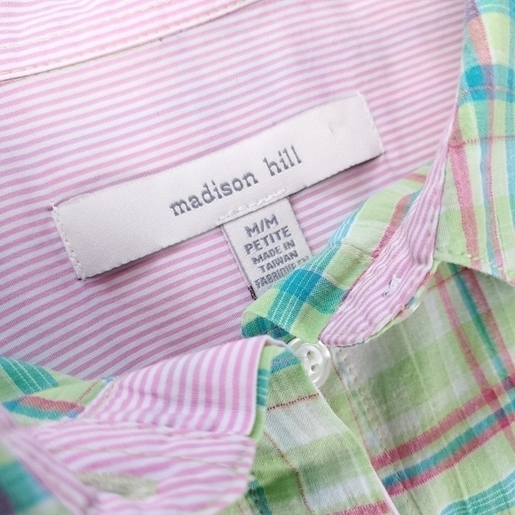 Madison Hill Green Pink Plaid Casual Button Down Shirt Sz Medium Petite - Picture 8 of 12